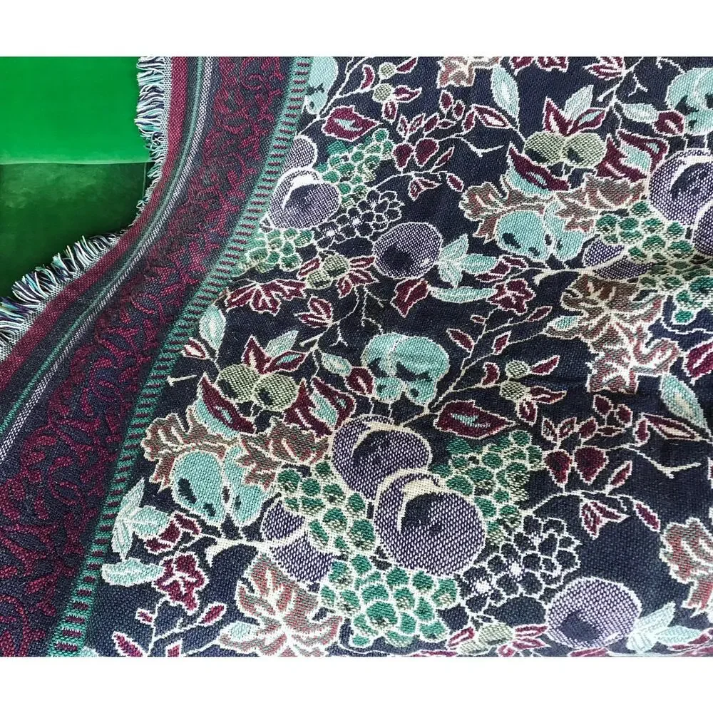 vintage 90s Reversible FRUIT PRINT plums, grapes, pears Fringe BLANKET afghan